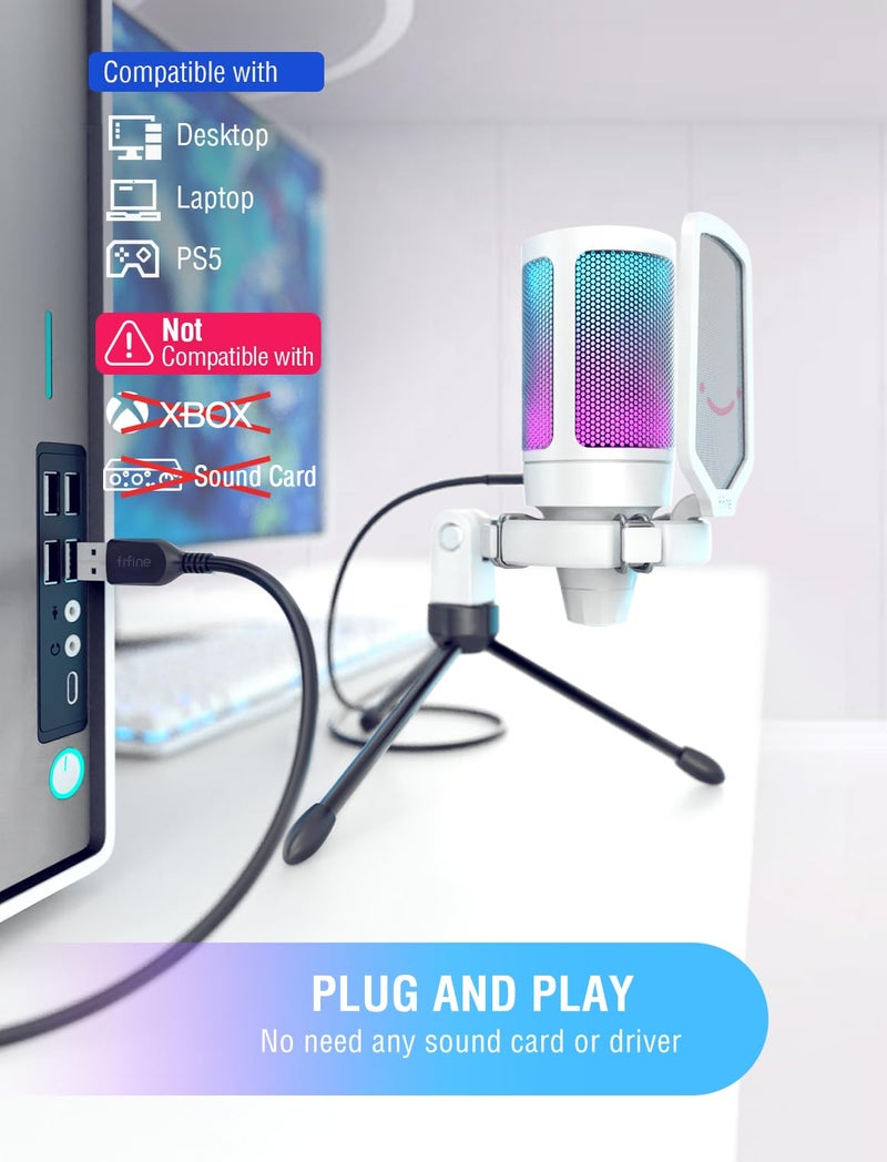 FIFINE ميكروفون FIFINE AmpliGame USB، ميكروفون تسجيل ألعاب الكمبيوتر المكتبي واللابتوب، ميكروفون مكثف للبث المباشر والبودكاست RGB للألعاب عبر الإنترنت، الصوت، مع زر كتم الصوت، مقبض زيادة الصوت، قاعدة ثلاثية الأرجل - A6V أبيض - Image 5