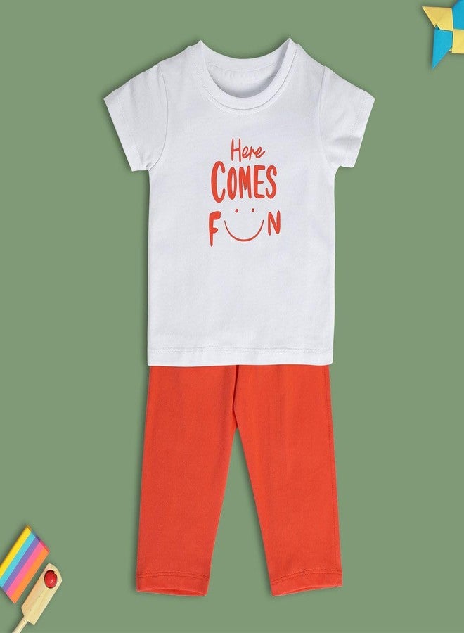 miniklub Baby Round Neck Knitted Cotton White/Orange Color Printed Clothing Set, Pack Of 2 (18-24M) - Image 2