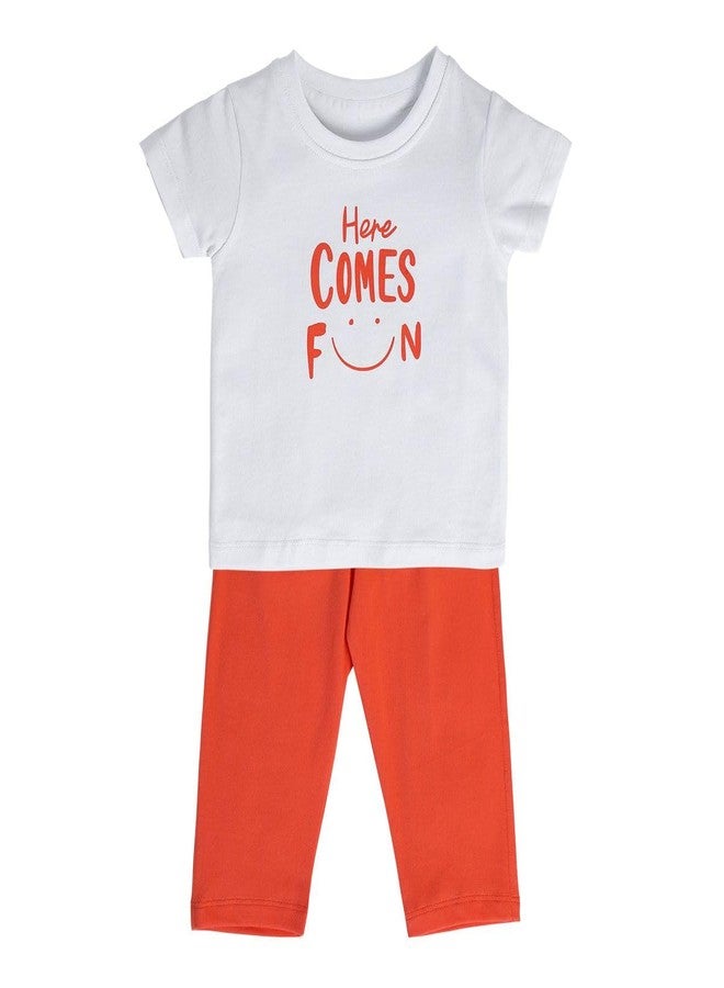 miniklub Baby Round Neck Knitted Cotton White/Orange Color Printed Clothing Set, Pack Of 2 (18-24M) - Image 1