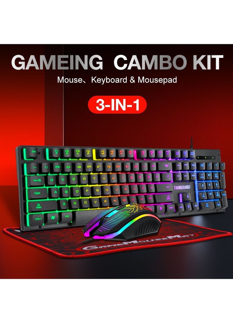 T-WOLF - 3-in-1 Gaming Keyboard and Mouse MousePad Combo, 104 Key RGB Backlit Mechanical-Feel Keyboard + 2400 DPI 7-Color Gaming Mouse + Waterproof Non-Slip Mouse Pad (28x23cm) – Ergonomic Bundle for PC, Esports, and Office - Image 1