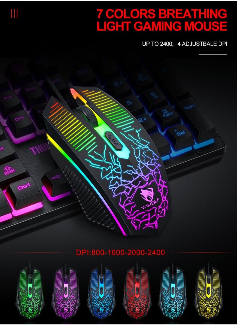 T-WOLF - 3-in-1 Gaming Keyboard and Mouse MousePad Combo, 104 Key RGB Backlit Mechanical-Feel Keyboard + 2400 DPI 7-Color Gaming Mouse + Waterproof Non-Slip Mouse Pad (28x23cm) – Ergonomic Bundle for PC, Esports, and Office - Image 1