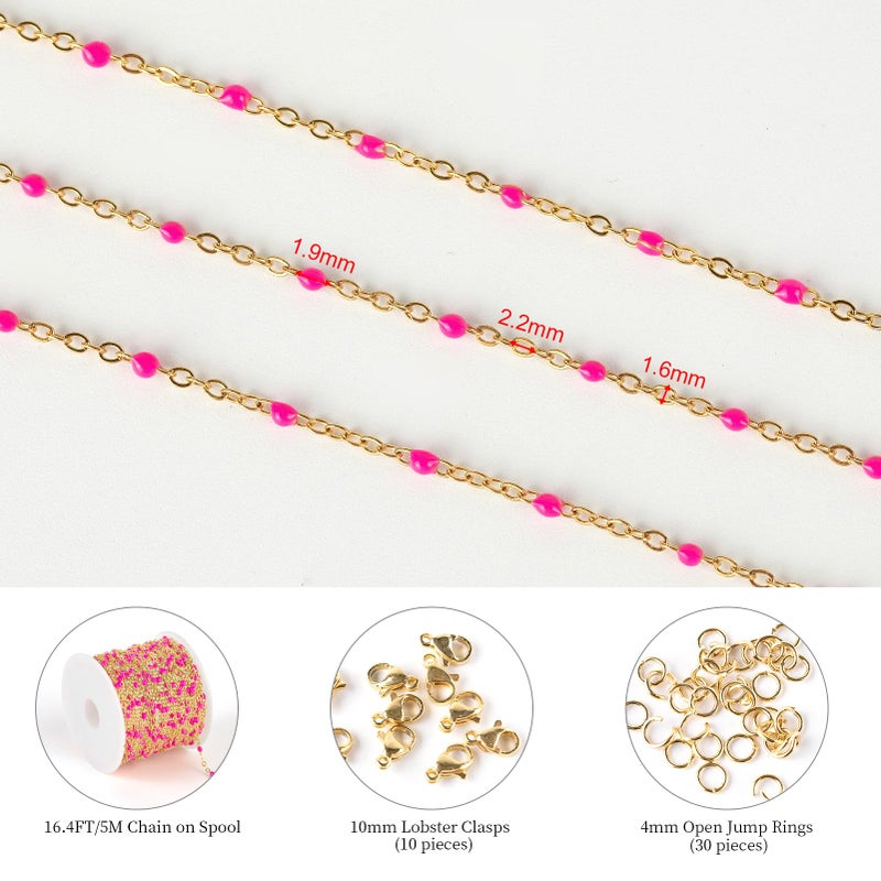 KYUNHOO 16.4 Feet/5M Rose Red Enamel Beaded Chain for Jewelry Making Gold Plated Stainless Steel Chain Spool Cross Cable Link Chains Bulk with Lobster Clasps and Jump Rings - Image 2