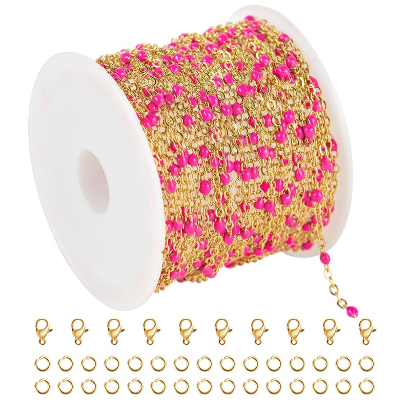 KYUNHOO 16.4 Feet/5M Rose Red Enamel Beaded Chain for Jewelry Making Gold Plated Stainless Steel Chain Spool Cross Cable Link Chains Bulk with Lobster Clasps and Jump Rings - Image 1