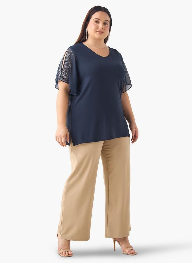 Ulla Popken Plus Size Ulla Popken Embellished V-neck Top with Short Slit Sleeves - Image 2