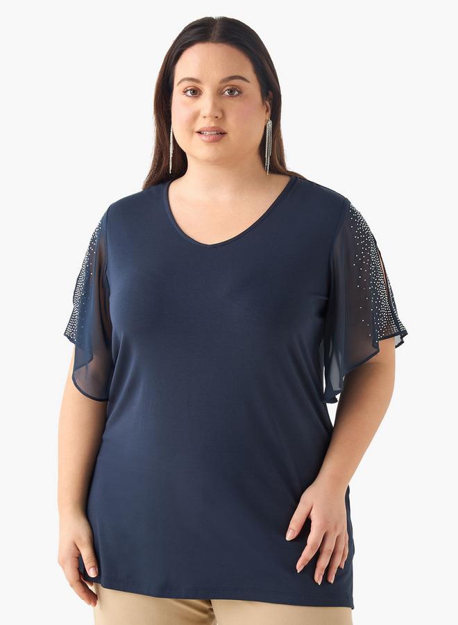 Ulla Popken Plus Size Ulla Popken Embellished V-neck Top with Short Slit Sleeves - Image 1