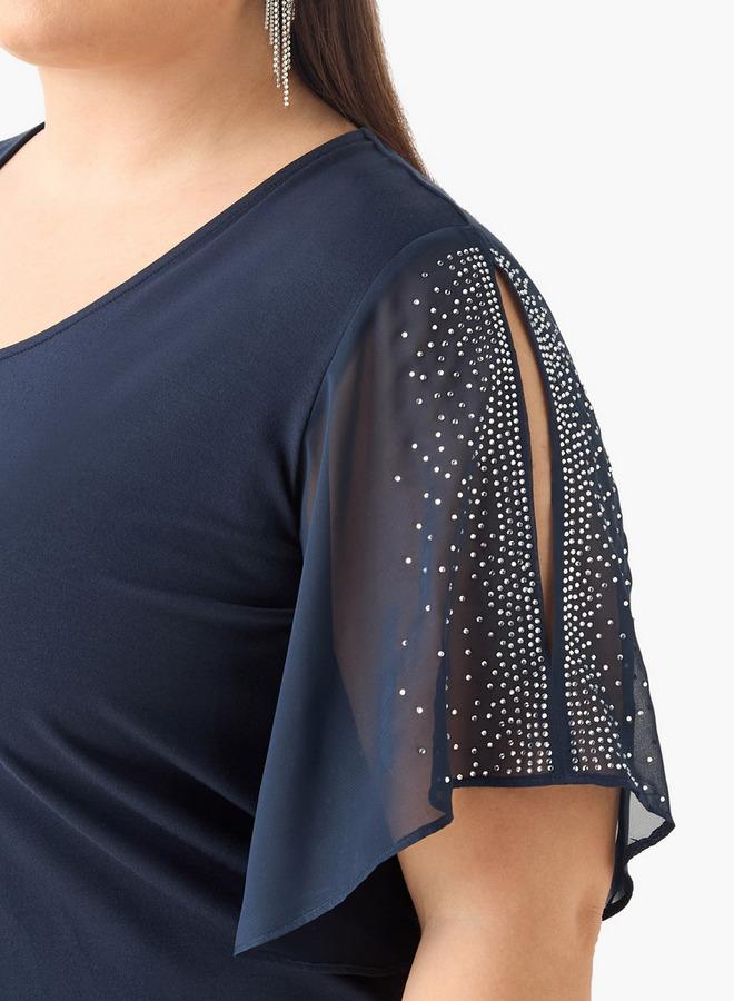 Ulla Popken Plus Size Ulla Popken Embellished V-neck Top with Short Slit Sleeves - Image 4