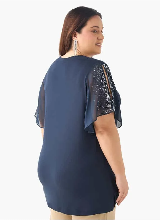  أولا بوبكن Plus Size Ulla Popken Embellished V-neck Top with Short Slit Sleeves