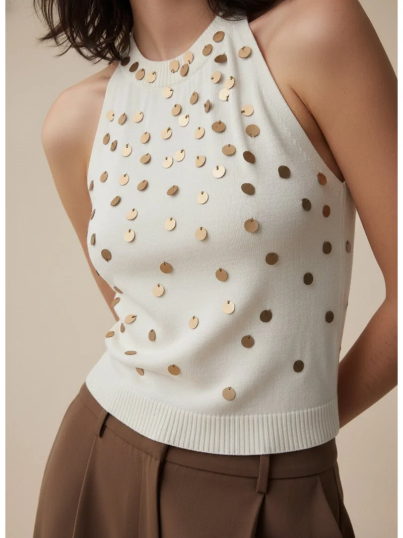 Outzidr  Off White Halter Neck Sequined Tank for Women | Best Price UAE