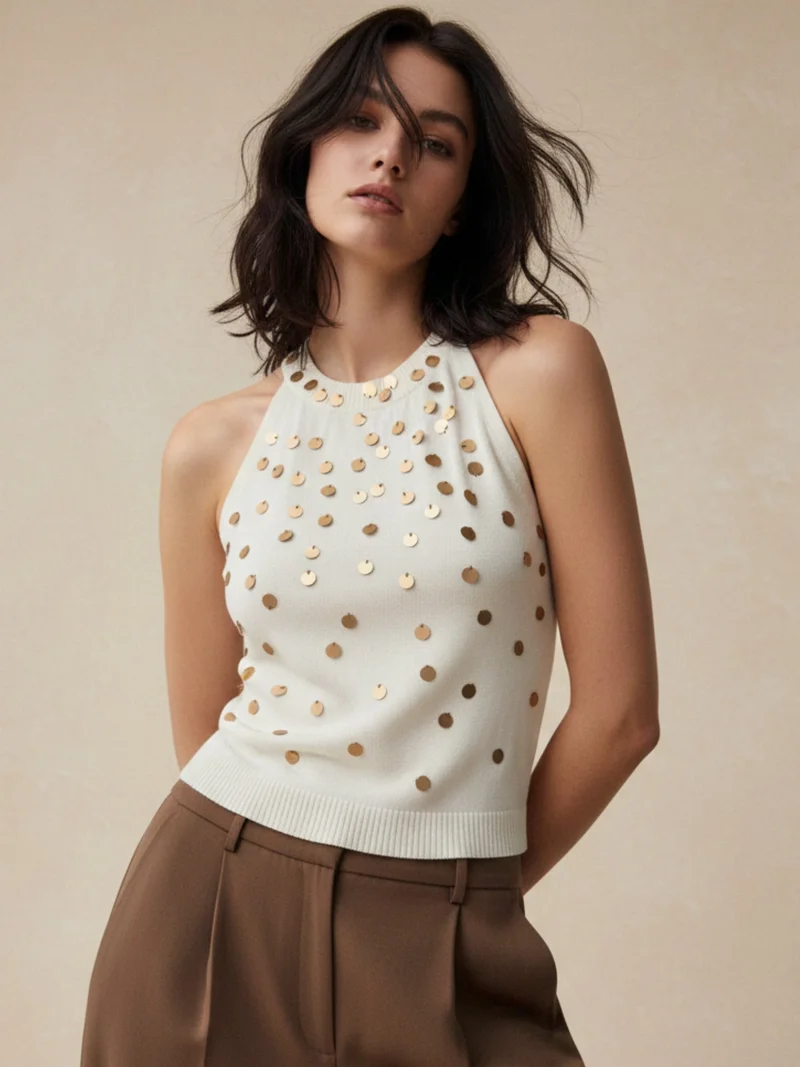 Off White Halter Neck Sequined Tank
