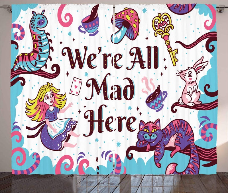 Ambesonne Ambesonne Alice in Wonderland Curtains  We are All Mad Here Words with Caterpillar White Rabbit Cheshire Cat  Living Room Bedroom Window Drapes 2 Panel Set  108"" X 108""  Purple Blue  - Image 1