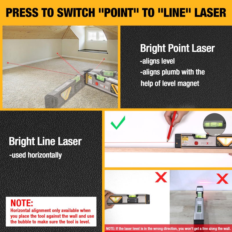 PREXISO 2-in-1 Laser Level 12 in Spirit Level with Light, 100Ft Alignment Point & 30Ft Leveling Line, Magnetic Laser Leveler Tool for Construction Picture Hanging Wall Writing Painting Home Renovation - Image 2