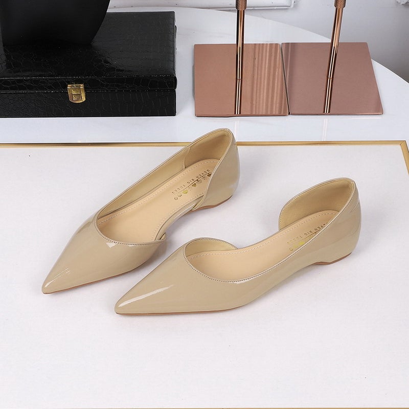 532 European and American Pointed Toe Womens Shoes with Wedge Heels and Inner Heightening Patent Leather Glossy Side Hollow Shallow Mouth French Flats Slimming Look One-Legged Shoes Khaki - Image 1