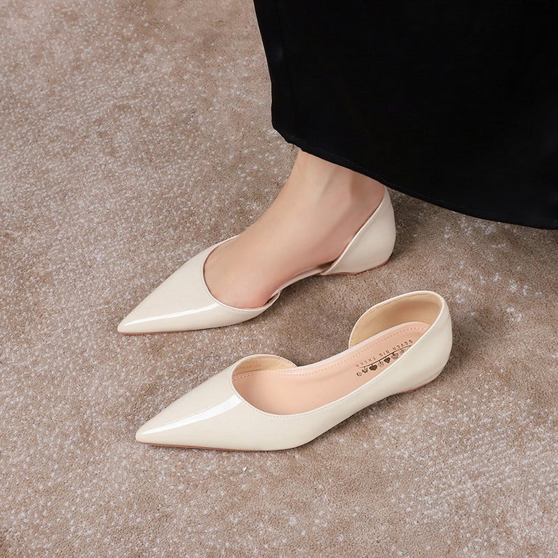 532 European and American Pointed Toe Womens Shoes with Wedge Heels and Inner Heightening Patent Leather Glossy Side Hollow Shallow Mouth French Flats Slimming Look One-Legged Shoes Khaki - Image 3