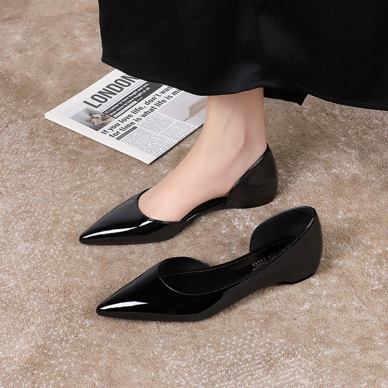 532 European and American Pointed Toe Womens Shoes with Wedge Heels and Inner Heightening Patent Leather Glossy Side Hollow Shallow Mouth French Flats Slimming Look One-Legged Shoes Khaki - Image 4