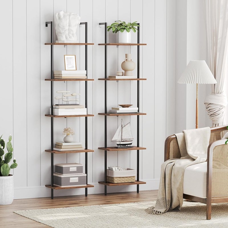 HOOBRO DIY Ladder Shelf, 5-Tier Wooden Wall Mounted Bookshelf, Narrow Bookcase, Display Shelf, Storage Rack, Plant Stand, for Living Room, Bedroom, Study, Balcony, Rustic Brown and Black EBF531CJ01 - Image 3