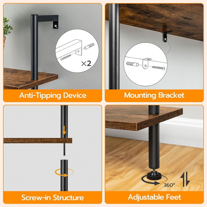 HOOBRO DIY Ladder Shelf, 5-Tier Wooden Wall Mounted Bookshelf, Narrow Bookcase, Display Shelf, Storage Rack, Plant Stand, for Living Room, Bedroom, Study, Balcony, Rustic Brown and Black EBF531CJ01 - Image 5