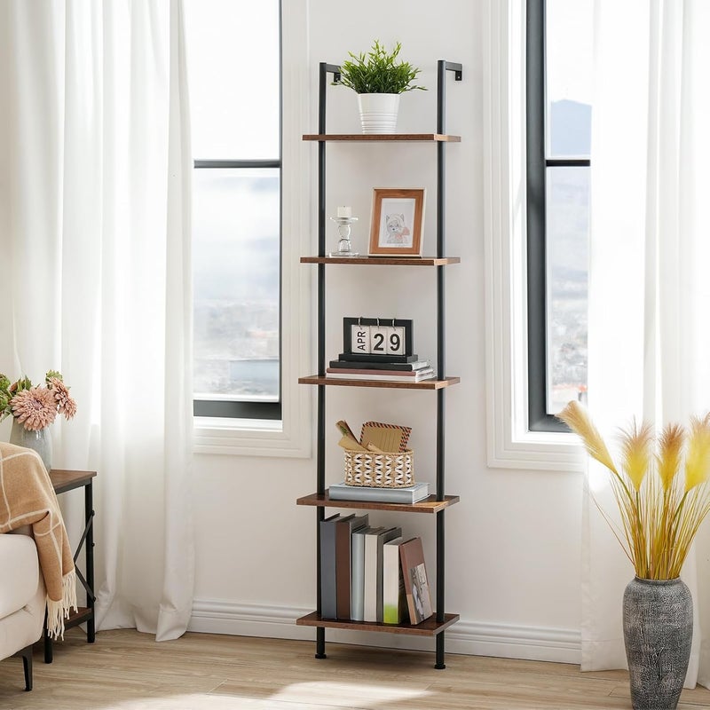 HOOBRO DIY Ladder Shelf, 5-Tier Wooden Wall Mounted Bookshelf, Narrow Bookcase, Display Shelf, Storage Rack, Plant Stand, for Living Room, Bedroom, Study, Balcony, Rustic Brown and Black EBF531CJ01 - Image 1