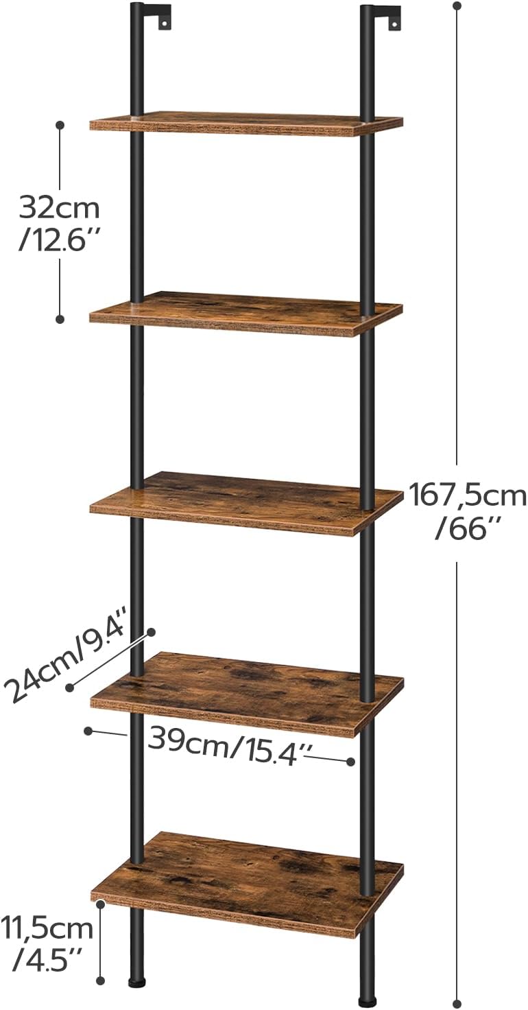 HOOBRO DIY Ladder Shelf, 5-Tier Wooden Wall Mounted Bookshelf, Narrow Bookcase, Display Shelf, Storage Rack, Plant Stand, for Living Room, Bedroom, Study, Balcony, Rustic Brown and Black EBF531CJ01 - Image 2