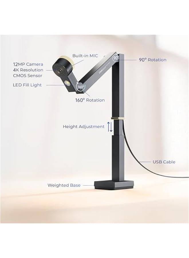 سي زد يو ار CZUR Fancy S Pro USB Document Camera for Teacher, 12MP 4K Webcam with Microphone and LED Light, Up to 60fps, Auto Focus, for Remote Teaching, Web Conference, for Mac and Windows, Black - Image 2