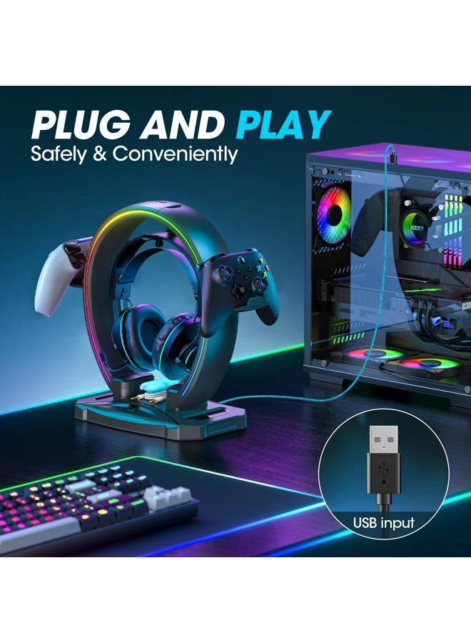 KDD RGB Headphone & Controller Stand with 9 Light Modes - Foldable Controller Hanger for Desk - Earphone Stand with Cable Organizer - for Gamers Desktop Accessories - Image 2