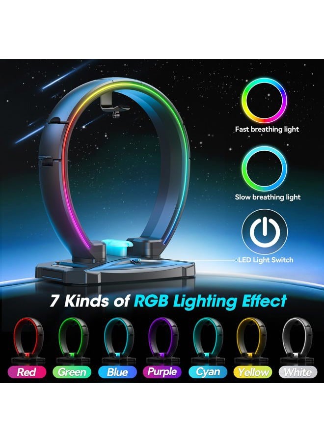 KDD RGB Headphone & Controller Stand with 9 Light Modes - Foldable Controller Hanger for Desk - Earphone Stand with Cable Organizer - for Gamers Desktop Accessories - Image 3