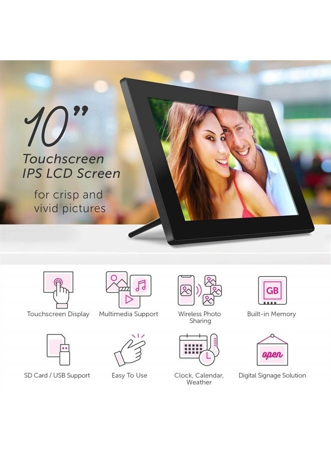 Aluratek (AWDMPF110F) 10" Hi-Res WIFI Digital Photo Frame w/ Touchscreen IPS LCD Display & 8GB Memory (1024 x 600 Resolution), Photo/Music/Video Support, Wall Mountable, Black - Image 2
