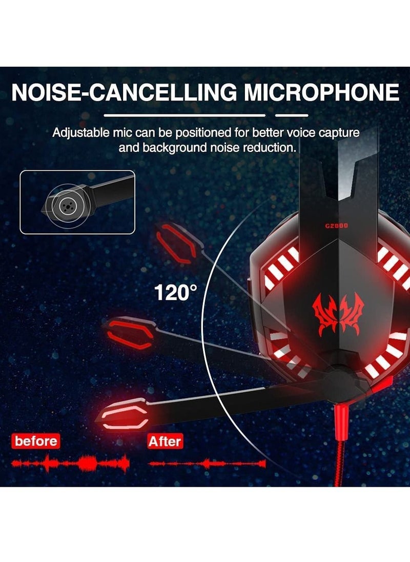 LEDIN - G2000 Gaming Headset Surround Stereo Gaming Headphones with Noise Cancelling Mic LED Lights & Soft Memory Earmuffs for PS5/ PS4/ Xbox One/Nintendo Switch/PC Mac Computer Games (Red) - Image 1