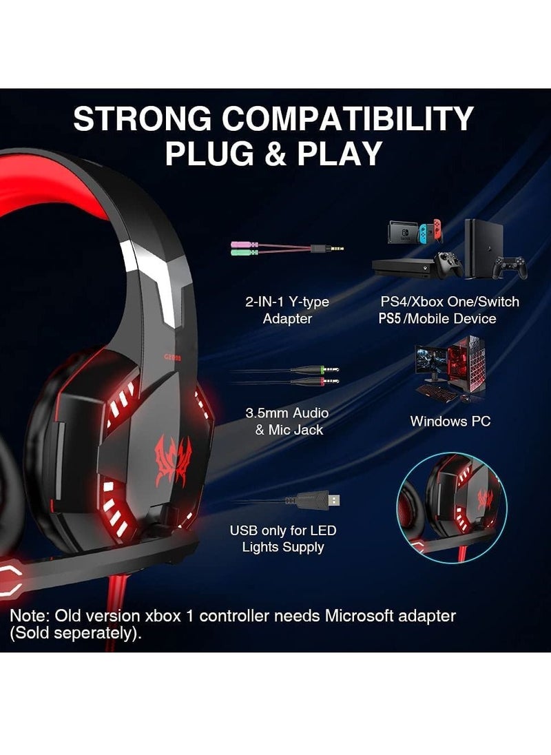 LEDIN - G2000 Gaming Headset Surround Stereo Gaming Headphones with Noise Cancelling Mic LED Lights & Soft Memory Earmuffs for PS5/ PS4/ Xbox One/Nintendo Switch/PC Mac Computer Games (Red) - Image 1