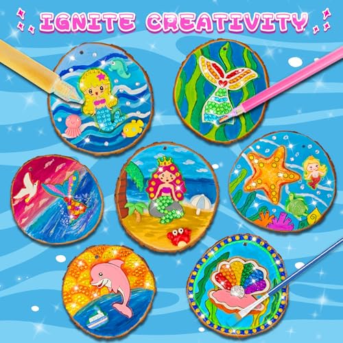 klmars Mermaid Themed Wooden Painting KitGlow in The DarkArts Crafts Gifts for Kids Girls Ages 612Wood Slice Craft Activities Kits Mermaid Art Toys for Kids Christmas Gifts - Image 5
