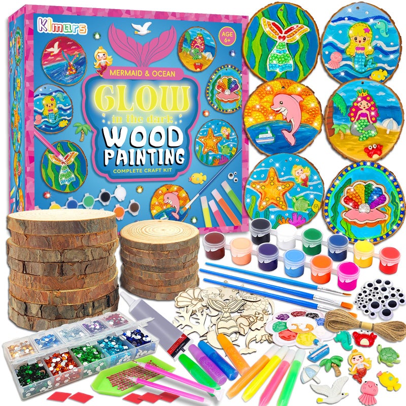 klmars Mermaid Themed Wooden Painting KitGlow in The DarkArts Crafts Gifts for Kids Girls Ages 612Wood Slice Craft Activities Kits Mermaid Art Toys for Kids Christmas Gifts - Image 2