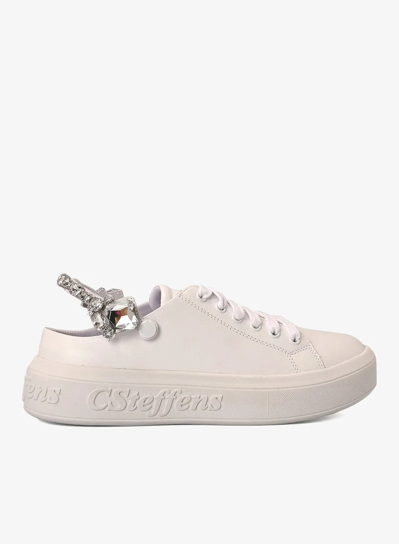 White Leather Sneakers with Crystal Detailing