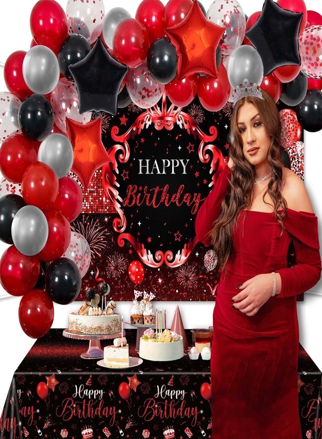 زينة حفلات عيد ميلاد باللونين الأحمر والأسود من ليشيم، لافتة خلفية عيد ميلاد سعيد، لوازم حفلات، خلفية عيد ميلاد للرجال والنساء، طقم بالونات مكون من 66 قطعة (أحمر/أسود) - Image 5