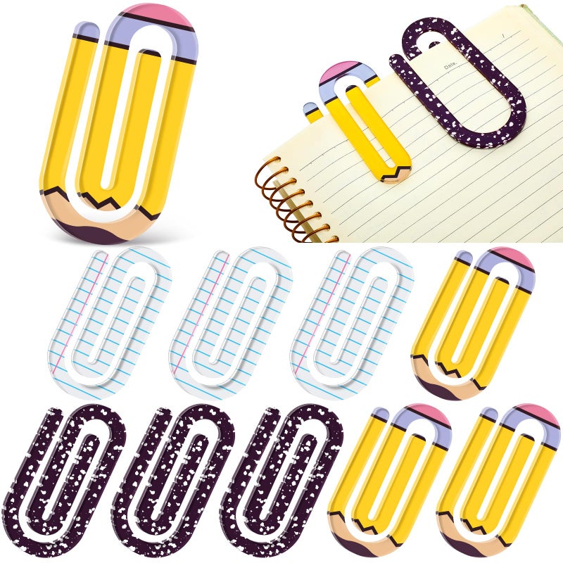 Affrolling 9 Pcs Jumbo Teacher Acrylic Paper Clips Back to School Teacher Appreciation Gift 4 Inch Paperclip Bookmark Gift Set for Book Lovers, Back to School Supplies (Pencil,Notebook,Paper) - Image 1