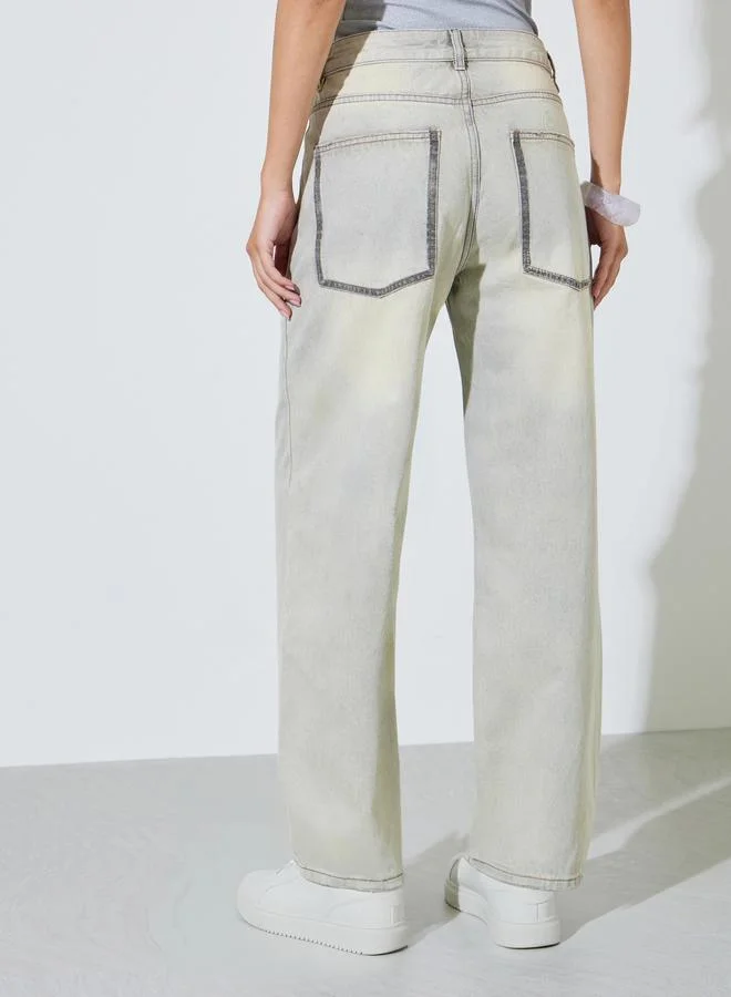 Styli Blue Acid Blue Mid Rise Wide Leg Jeans for Women | Best Price UAE