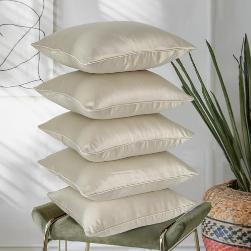 RD TREND® Satin Cushion Covers 16 Inch x 16 Inch | Decorative Throw Pillows for Sofa, Couch, Living Room, Home Décor Cushion Cover Set of 5 (Beige) - Image 1