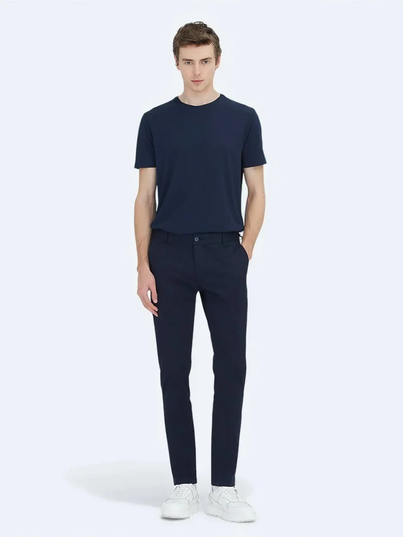 Kip Navy Blue Weaving Regular Fit Casual Cotton Blended Trousers