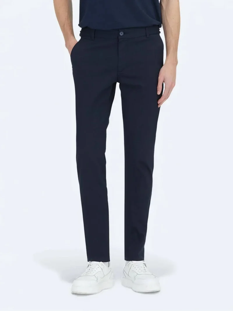 Kip Navy Blue Weaving Regular Fit Casual Cotton Blended Trousers