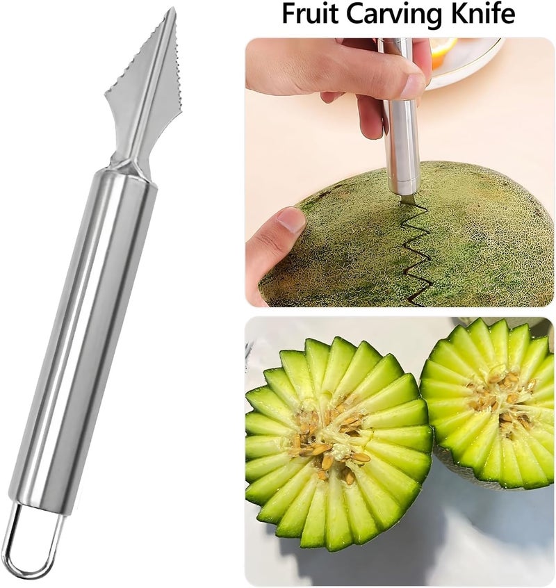 DAECHAO 6 Pcs Stainless Steel Fruit Carving Knife Set, Kitchen Fruit Carving Knife, Watermelon and Ice Cream Scoop, 2-in-1 Dig Pulp Separator Fruit Peeling Tool, Crinkle Knife and Lemon Zester Grater - Image 5