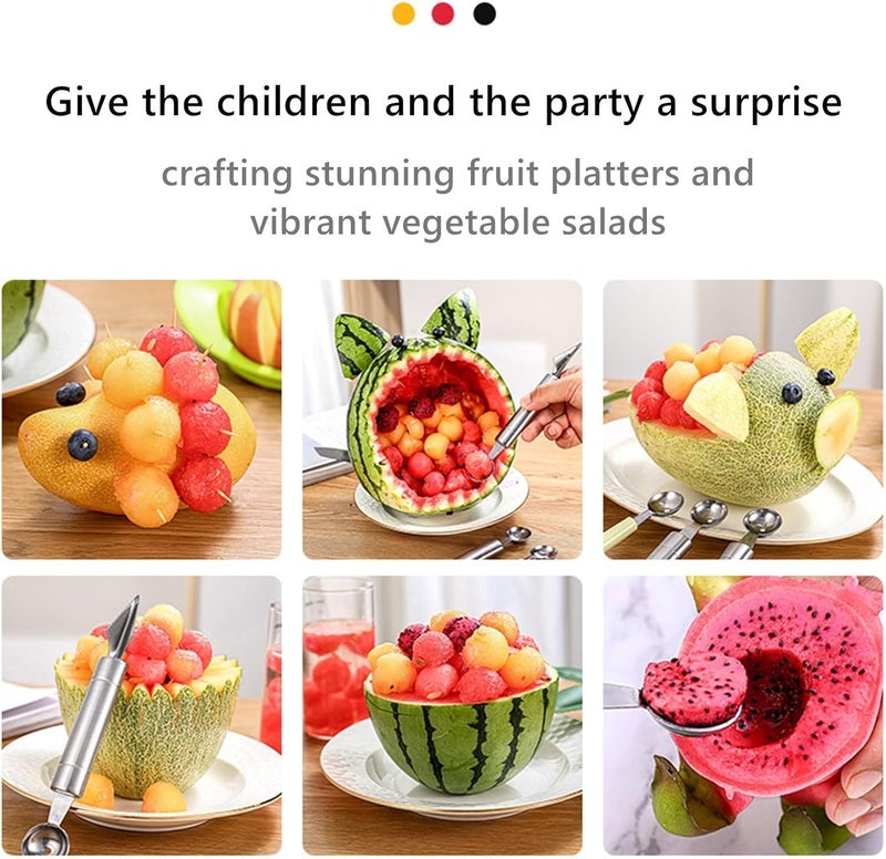 DAECHAO 6 Pcs Stainless Steel Fruit Carving Knife Set, Kitchen Fruit Carving Knife, Watermelon and Ice Cream Scoop, 2-in-1 Dig Pulp Separator Fruit Peeling Tool, Crinkle Knife and Lemon Zester Grater - Image 3