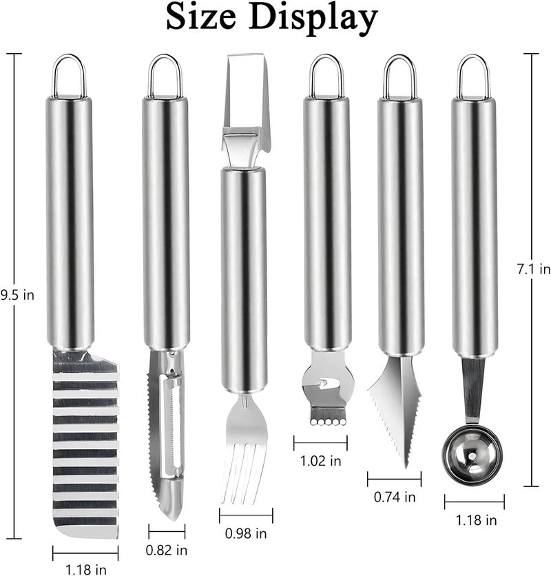 DAECHAO 6 Pcs Stainless Steel Fruit Carving Knife Set, Kitchen Fruit Carving Knife, Watermelon and Ice Cream Scoop, 2-in-1 Dig Pulp Separator Fruit Peeling Tool, Crinkle Knife and Lemon Zester Grater - Image 2