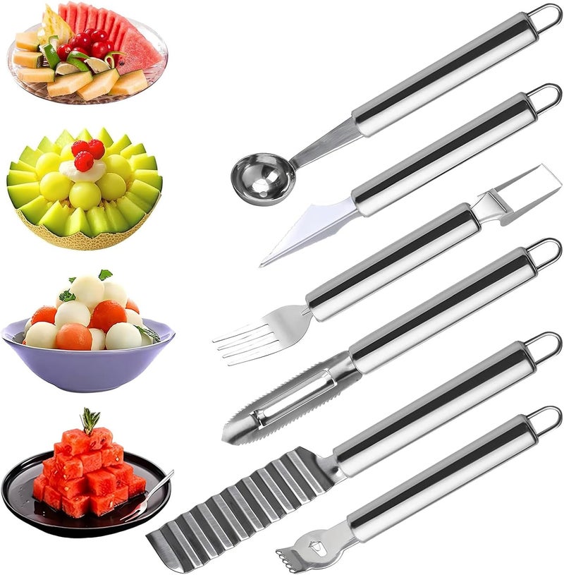 DAECHAO 6 Pcs Stainless Steel Fruit Carving Knife Set, Kitchen Fruit Carving Knife, Watermelon and Ice Cream Scoop, 2-in-1 Dig Pulp Separator Fruit Peeling Tool, Crinkle Knife and Lemon Zester Grater - Image 1