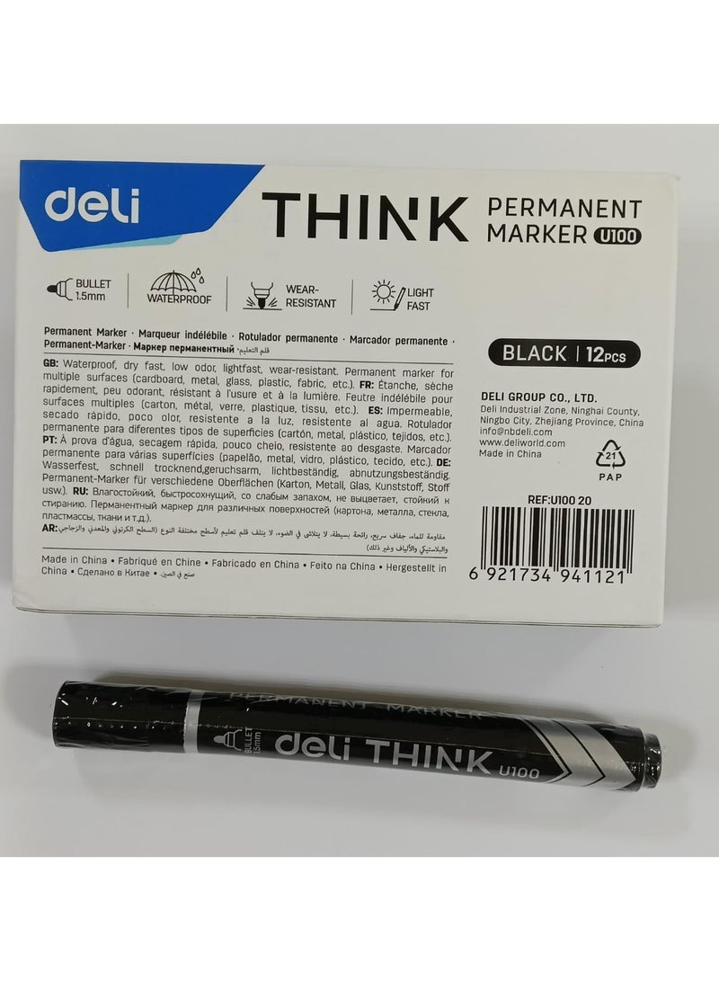 Deli U10020 Permanent Marker Bullet 1.5mm Black Pack of 12pcs - Image 1