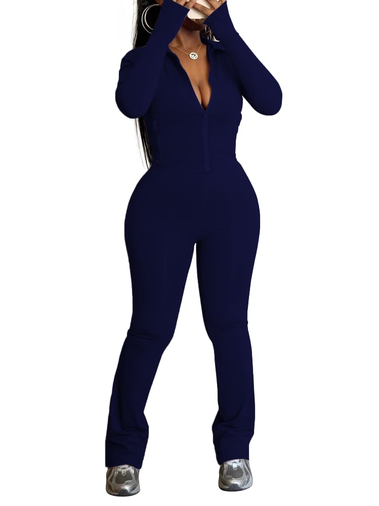 HBQ Women's Two Piece Tracksuit Sets Long Sleeve Zip Up Crop Tops and Flare Pants Casual Workout Oufit Jogger Loungewear Set-Dark Blue-L - Image 1