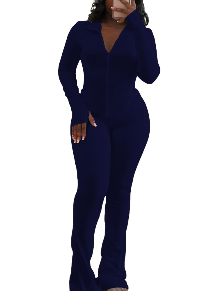 HBQ Women's Two Piece Tracksuit Sets Long Sleeve Zip Up Crop Tops and Flare Pants Casual Workout Oufit Jogger Loungewear Set-Dark Blue-L - Image 3