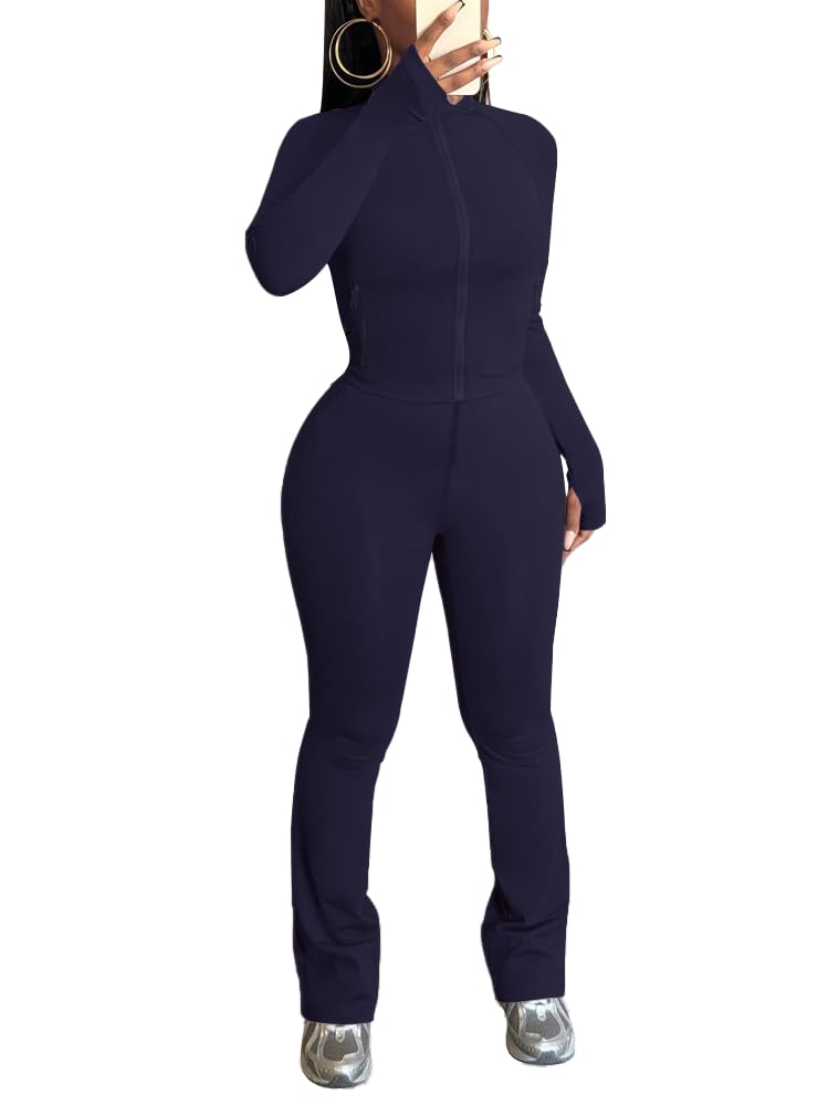 HBQ Women's Two Piece Tracksuit Sets Long Sleeve Zip Up Crop Tops and Flare Pants Casual Workout Oufit Jogger Loungewear Set-Dark Blue-L - Image 2