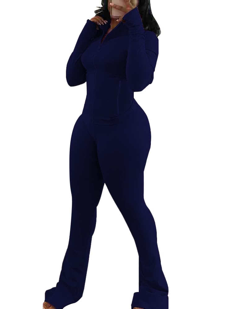 HBQ Women's Two Piece Tracksuit Sets Long Sleeve Zip Up Crop Tops and Flare Pants Casual Workout Oufit Jogger Loungewear Set-Dark Blue-L - Image 4