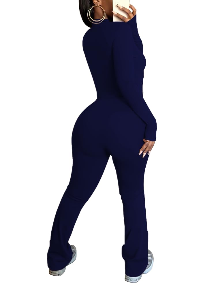 HBQ Women's Two Piece Tracksuit Sets Long Sleeve Zip Up Crop Tops and Flare Pants Casual Workout Oufit Jogger Loungewear Set-Dark Blue-L - Image 5
