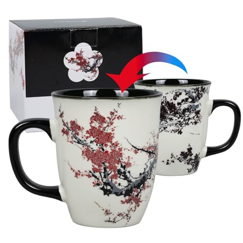 Asmwo Color Changing Heat Sensitive Magic Funny Art Mug Large Coffee Tea Plum Blossom Porcelain Mugs for Women Mom grandma Gifts 16oz Black Change Glow Red Cups - Image 3