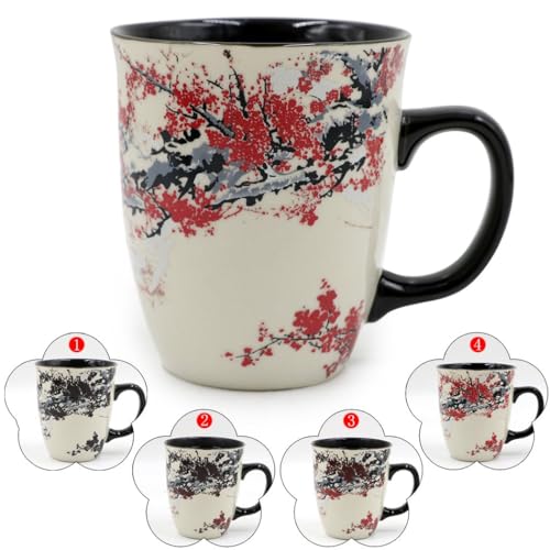 Asmwo Color Changing Heat Sensitive Magic Funny Art Mug Large Coffee Tea Plum Blossom Porcelain Mugs for Women Mom grandma Gifts 16oz Black Change Glow Red Cups - Image 4