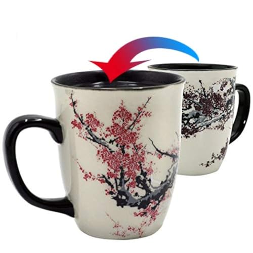 Asmwo Color Changing Heat Sensitive Magic Funny Art Mug Large Coffee Tea Plum Blossom Porcelain Mugs for Women Mom grandma Gifts 16oz Black Change Glow Red Cups - Image 1